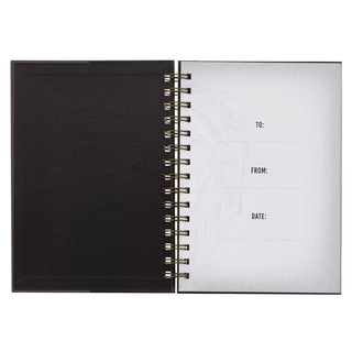 Black spiral-bound notebook with white interior pages featuring text fields.