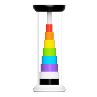 Fat Brain Toys Flipty stacking ring tower with rainbow-colored graduated rings on white pedestal