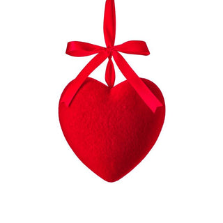 Regency red flocked heart ornament hanging from red satin ribbon bow
