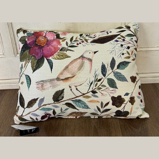 Floral Bird Pillow with magenta flower and perched bird on cream textured polyester, dye-sublimated print