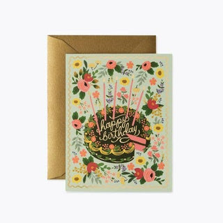 Rifle Paper Co. floral birthday card with cake, candles, and colorful flowers on mint background