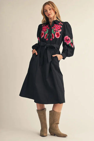 Jodifl black midi shirt dress with pink floral embroidery, puff sleeves, and tie waist
