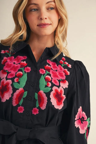 Black midi shirt dress with pink and red floral embroidery and tie belt