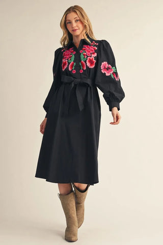 Jodifl black midi dress with pink floral embroidery, puff sleeves, and tie waist