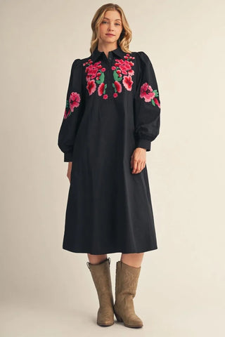 Jodifl black midi dress with pink floral embroidery, puff sleeves, and shirt collar