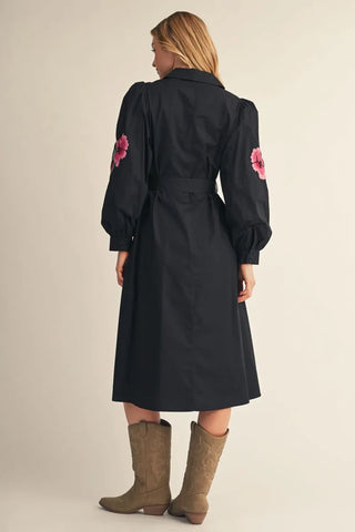 Jodifl black midi shirt dress with pink floral embroidered sleeves and belt
