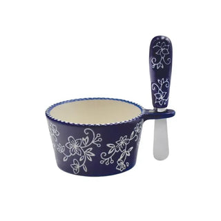 Temptations 10oz navy blue ceramic dip bowl with matching spreader featuring white floral lace pattern