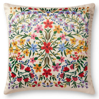 22x22 decorative pillow with colorful floral embroidery pattern on cream background