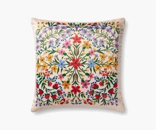 Rifle Paper Co. x Loloi 22x22 throw pillow with colorful botanical floral pattern on cream background