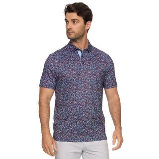 Side view navy men's tailored athletic fit floral golf polo shirt