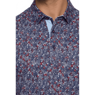 Close-up navy floral polo three-button placket light blue inner collar lining detail