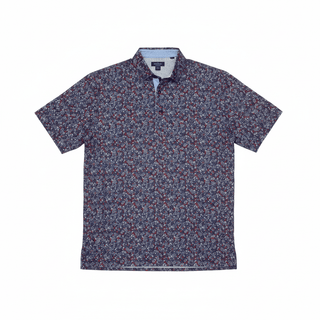 Flat lay navy red white floral men's polo with Flag & Anthem back label
