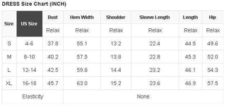 Dress size chart in inches showing bust, hip, sleeve, and length for S–XL