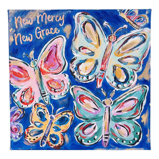 Colorful butterfly canvas art with blue background and text New Mercy New Grace