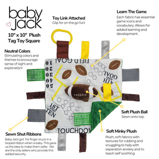 Technical diagram of 10 inch football lovey showing soft minky backing and sewn shut ribbons
