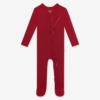 Dark red ribbed bamboo footie with ruffled zipper placket and non-slip grips