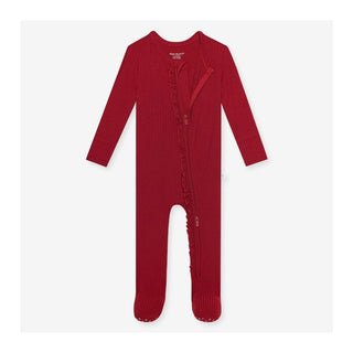 Dark red ribbed bamboo footie with ruffled zipper placket and non-slip grips