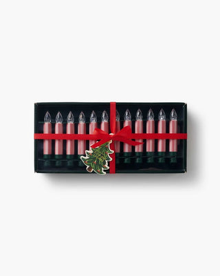 Set of 12 red striped clip-on candle lights in black gift box with red bow