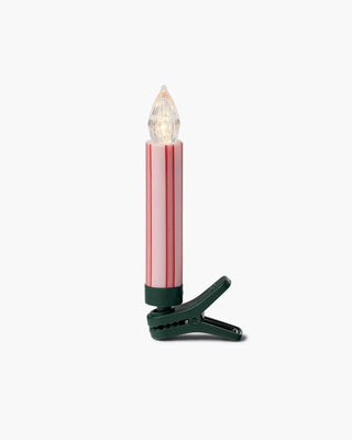 Clip-on LED candle light with pink and red French stripe pattern, green clip base