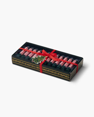 Set of 12 red and green striped clip-on candle lights in decorative black gift box