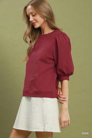 French Terry Top With Puff Sleeves