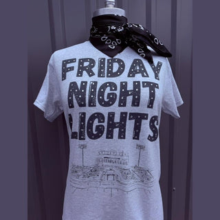 Heather gray unisex Friday Night Lights tee with stadium graphic and crystal embellishments, styled with black paisley bandana