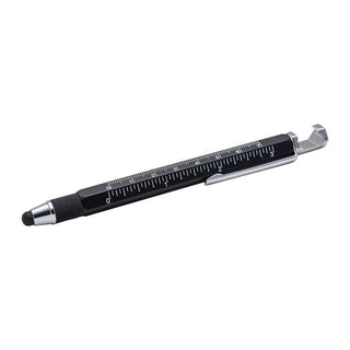 Black matte multi-tool pen with stylus tip, screwdriver, and phone stand features