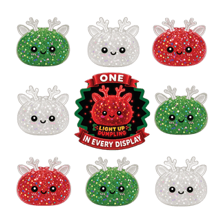 Fun Doh Christmas Mystery Reindeer Dumpling squishies in red, green, and white glitter