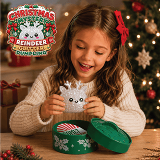 Girl holding glittery reindeer dumpling toy from green Christmas mystery container