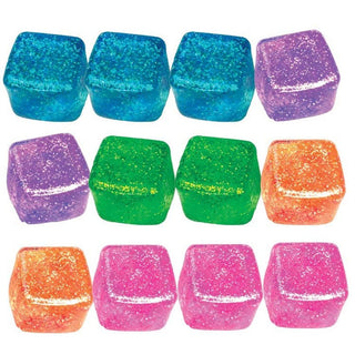 assorted glitter jumbo squishy cubes in teal blue purple green orange pink and coral on white