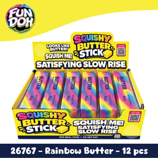 Pack of 12 retail boxed rainbow butter squishies in clear plastic sleeves with vibrant color gradients