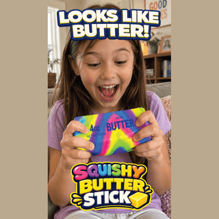 Child holding colorful rainbow butter squishy toy demonstrating size and grip for stress relief
