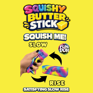 Compressed rainbow butter stick squishy showing smooth polyurethane material and rebound action