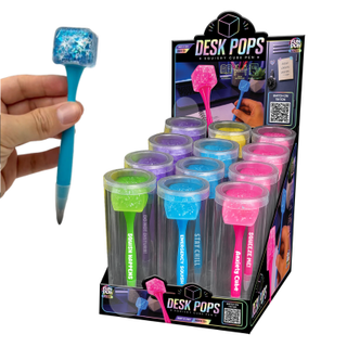 Colorful squishy cube novelty pens in assorted neon colors displayed in retail box