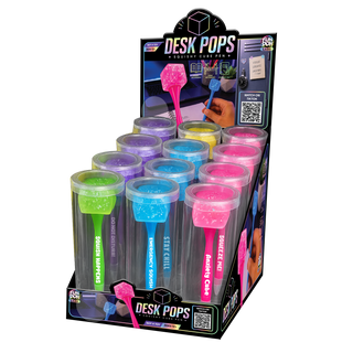 Fun Doh Desk Pops squishy cube pens in green, blue, pink, purple display