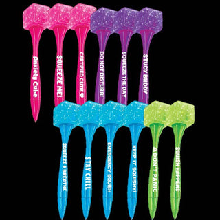 Fun Doh Squishy Cube Toy Pens in pink, purple, blue, and green with fun phrases