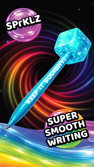 SPrKLZ blue ballpoint pen with glittery teal squishy cube topper, rainbow background