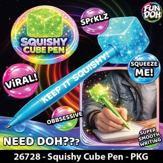 Fun Doh Squishy Cube Pen with blue and green glitter cube toppers, smooth writing