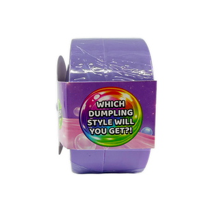 Purple mystery dumpling toy box with colorful rainbow bubble graphic and surprise text