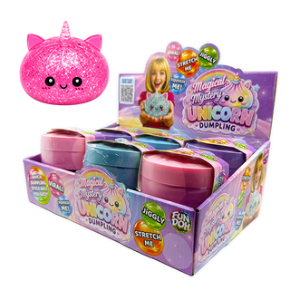 Fun Doh Magical Mystery Unicorn Dumpling squeeze toy set with pink glitter unicorn figure