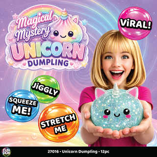 Glittery teal unicorn-shaped squishy dumpling toy held by smiling girl