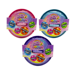 Fun Doh Magical Mystery Unicorn Dumpling squeeze toys in pink, teal, and purple