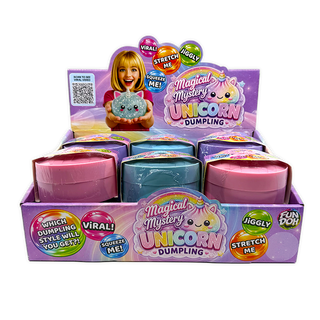 Fun Doh Magical Mystery Unicorn Dumpling toy set, pink and blue containers in display box