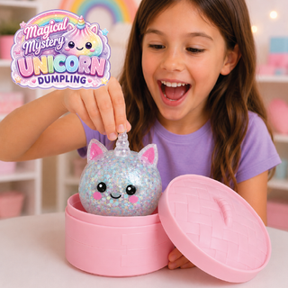 Girl discovering glittery unicorn cat figurine inside pink dumpling basket toy
