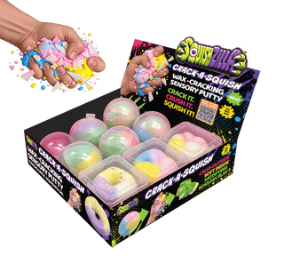 Colorful wax-cracking sensory putty balls in clear display box, pastel rainbow colors