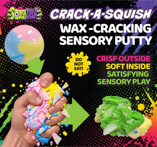 Fun Doh wax-cracking sensory putty ball cracked open revealing soft colorful putty inside