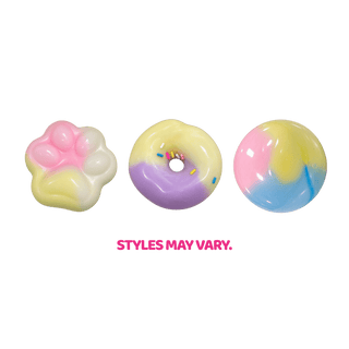 Three pastel wax putty shapes: paw print, donut with sprinkles, and swirl ball. Styles may vary.