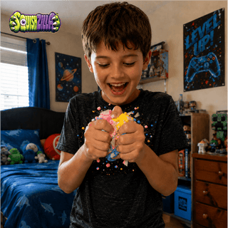 Boy excitedly squishing colorful pink, yellow, and blue wax sensory putty in bedroom