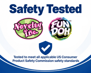 Safety tested badge for Fun Doh sensory putty by Novelty Inc, CPSC certified