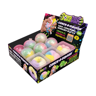 Colorful wax-cracking sensory putty balls and shapes in pastel rainbow display box